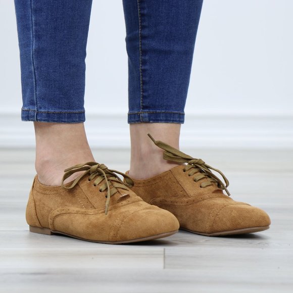 Tan Faux Suede Lace up Flat Heel Oxford Style Shoes - Picture 2 of 12